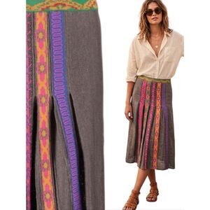 Unique IVKO Linen Brown A-Line Maxi Skirt with Multicolor Embroidered Panels M